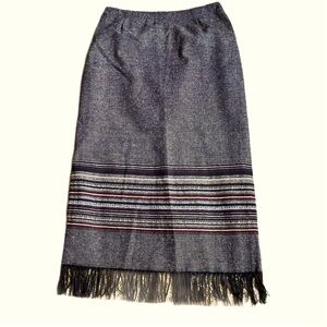 Dressbarn Wool Blend Long Skirt, Black/Brown Tweed, Sz.12, Back Slit, Fringe Hem